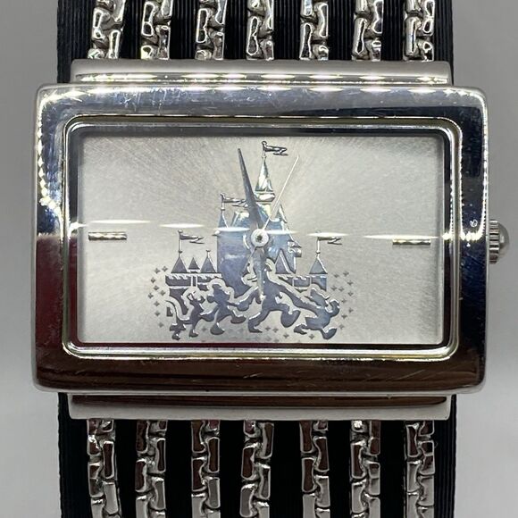 Rare Disney Castle Silver Tone Women’s Watch Rectangle Rope Band New Battery - Picture 1 of 12